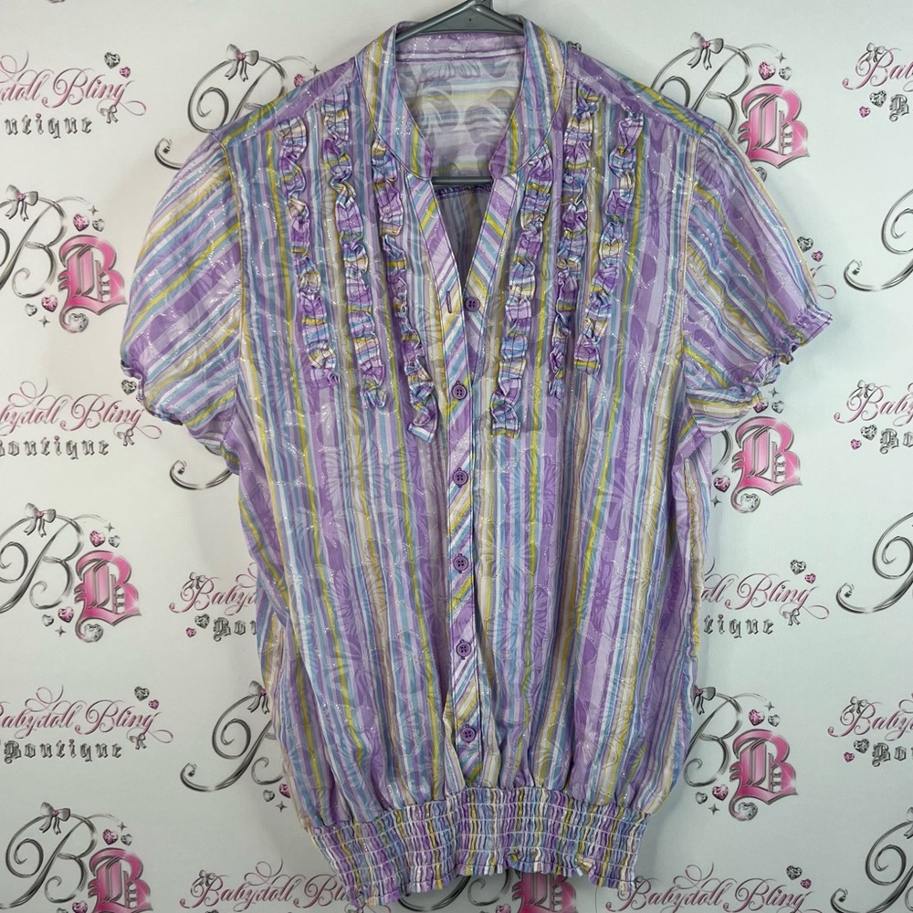 Shirt flowers ruffle details vintage Striped Purple Blouse with Floral Accents